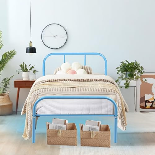 FurnitureR Metallbett Metallrahmen Bett mit LED-Licht, Gästebett Einzelbett Einzelbett Moderne Bettrahmen Jugendbett mit Lattenrost für Schlafzimmer Gästezimmer 90 x 190 cm, Blau