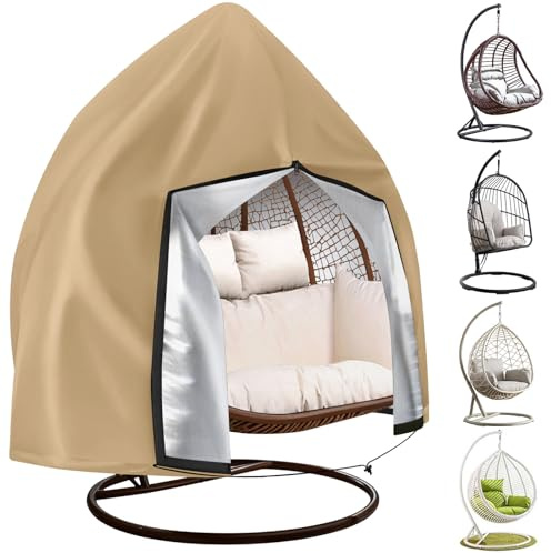 Teynewer Patio Hanging Egg Chair Cover, Outdoor 2 seat Cocoon Swing Egg Chair Cover Waterproof with Zipper, 210D Heavy Duty Veranda Garden large Cover for egg chair on stand 230 x 200 cm, Khaki