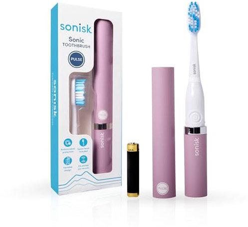 Sonisk Pulse | Battery Powered Electric Toothbrush | Portable Travel Size with Antimicrobial Sonic Technology | 1x Battery, 2X Brush Heads, 1x Travel Case Included (Lilac)