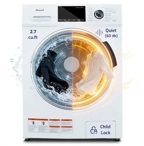 Smad All In One Washer and Dryer Combo 24, 2.7 Cu. Ft. Compact Front Load 2-in-1 Ventless Washer And Dryer for RV, Apartment, Dorm, 16 Cycles, Space Saver, Small Room, Families