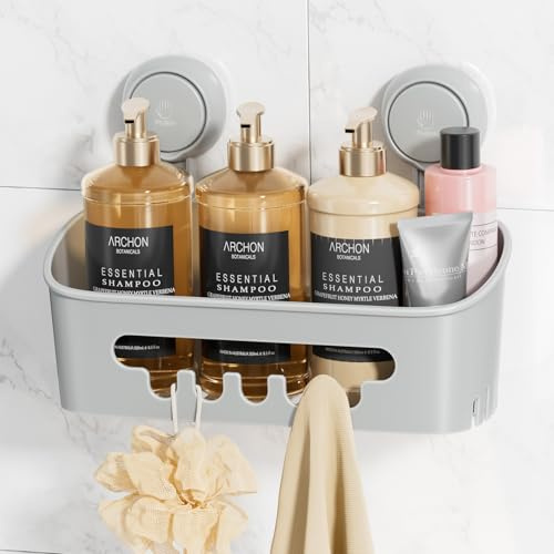 LEVERLOC Shower Caddy Suction Bathroom Accessories Storage Shelf, Grey | Suction Shower Caddy Storage No Drilling Shampoo Holder Removable Powerful Bathroom for Shampoo Holder Kitchen Accessories