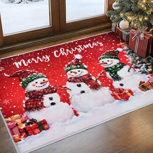 Alishomtll Weihnachten Fußmatte 60x90cm, Schneemann Rot Weihnachtsfußmatte, rutschfest Waschbar Weicher Teppich, Kurzflor Türmatte für Haustiere, Weihnachten Deko für Küche Wohnzimmer Schlafzimmer