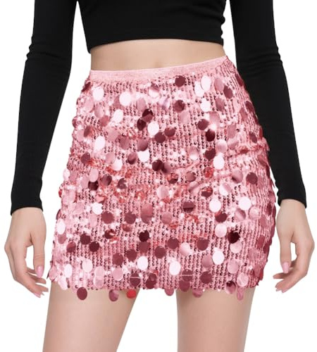 AOOSU Paillettenrock für Damen Glitzer Rock Sexy Taille Hüftrock Pailletten Minirock Elastische, Bleistiftrock Sequin Skirt GlitzerSkirt Partyrock Clubrock für Party Karneval Silvester - Rosa (L)