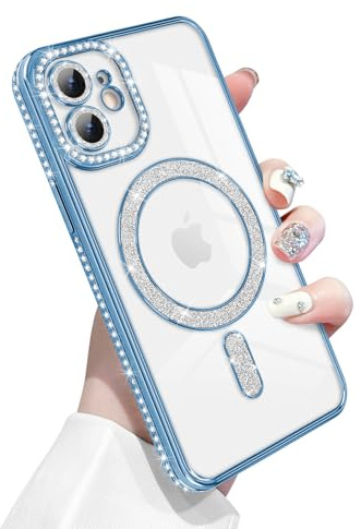 Newseego for iPhone 12 Case Magnetic Glitter Clear, Blue | Compatible with MagSafe, Bling Diamonds, for Girls Women, Soft TPU, Slim Fit, Shockproof Cover, Full Camera Protection