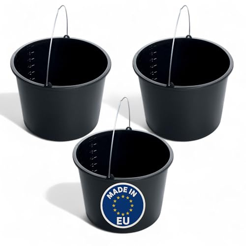 MELTOM Baueimer 20 L Schwarz mit Skala und Metallbügel – 3 Stück | Formstabiler Kunststoff mit verstärktem Rand · für Mörtel, Farbe, Putz und Wasser · Baustelle, Garten und Haushalt