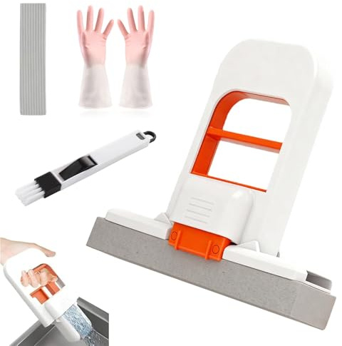 Mini Mop, Foldable Self-Squeeze Sponge with Gloves Brush | 4-piece set, foldable self-squeeze mop, 1 refill sponge, 1 pair gloves, 1 gap brush, for small spaces