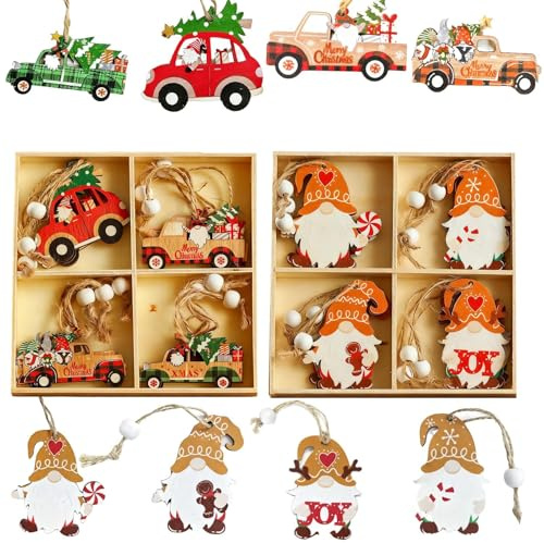 24Pcs Christmas Wooden Hanging Ornaments Set, Car/Elderly/Gnome Christmas Tree Wooden Pendant, Gifts Tags with Ropes & Twines, Rustic Hanging Xmas Tree Decor for Family Holiday Decoration