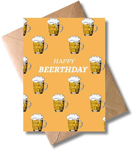 WBdesignz Geburtstagskarte „Happy Beerthday“ mit Umschlag – Lustige Karte mit Bier Motiv für Bierliebhaber und Freunde – Witzige Grußkarte zum Geburtstag, Männergeschenk oder Partygruß (DIN A6)