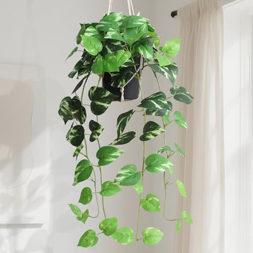 alyptus UV Resistant Fake Pothos Hanging Plants - Realistic Faux Pothos Vines for Indoor & Outdoor Décor, Lush Greenery for Home, Porch, Office & Patio - Golden Green