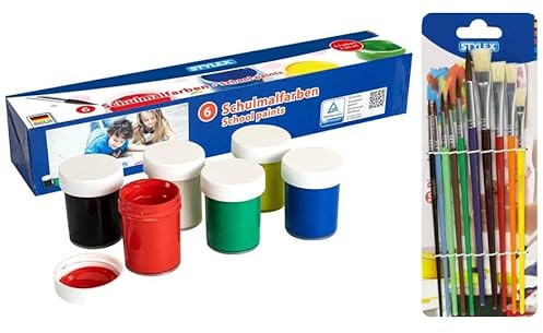 Stylex 28956 - Schulmalfarben im Set, 6 Malfarben 20 ml für Kinder in den Farbtönen weiß, rot, blau, gelb, grün und schwarz, verschließbare Töpfchen + Pinsel