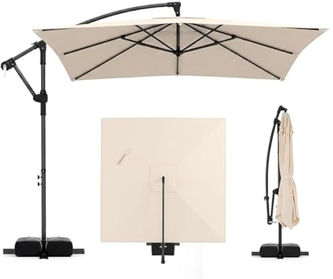 COSTWAY Sombrilla Terraza Exterior con Base, Parasol Excentrico con 8 Varillas de Metal, Rotación de 360°, Manivela, Base en Cruz y Sacos de Arena,Sombrilla Jardín Grande (250 x 250 cm（sin Luz）,Beige)