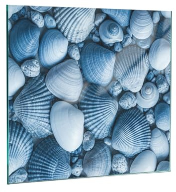 Herdabdeckplatte – Gehärtetes Glas Schneidebrett & Ceranfeld Abdeckplatte 1 Teilig 60x52 – Hygienisch & Rutschfest – Schutz für Induktion, Ceran -Blaue Muscheln-SFArt