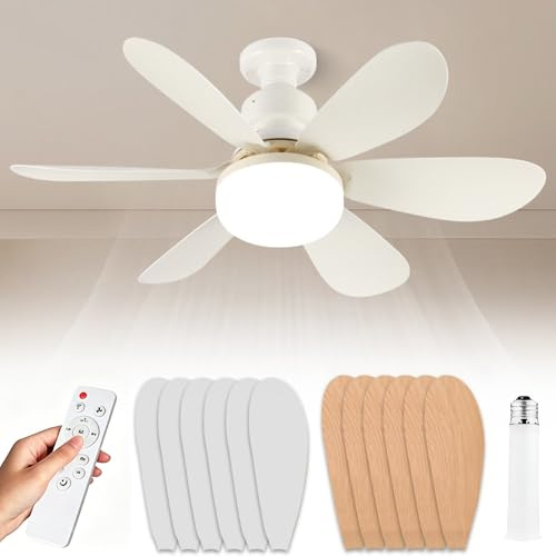 Dhqkqg Ceiling Fans with Lights and Remote Control, E27 40W Base Screw in Ceiling Light Fan, 3 Speeds 3 Colors Dimmable, 6 Wood Color and 6 White Fan Blade, for Bedroom, Living Room, Kitchen
