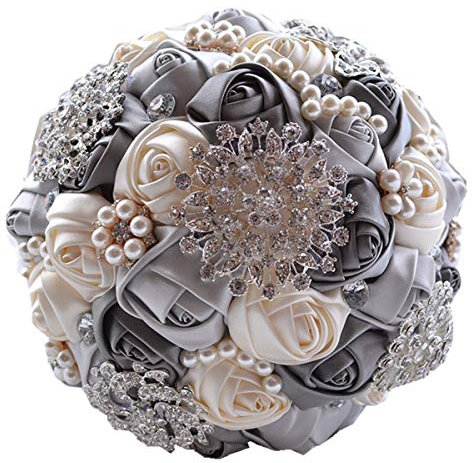 Fouriding Handgemachte Brosche Brautstrauß Braut Satin Rosen Blumen Strass Perlen Blumensträusse Hochzeit Strauß Künstliche Blumenstrauß künstlicher Rosenstrauß Dekoration (Grau cremig)