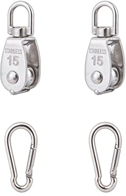 2Pcs 304 Stainless Steel M15 Single Pulley Block, Wire Rope Hanging Wire Towing Wheel, with 2Pcs Spring Snap Hook