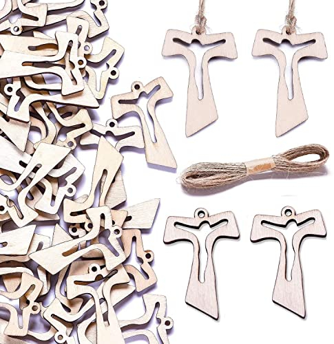 MKISHINE 55 Stück Anhänger Kreuz Kommunion aus Holz + 10 m Rolle Jute, dekorative Holzanhänger für die Erstkommunion, Gastgeschenke, Taschen, Tischkarten