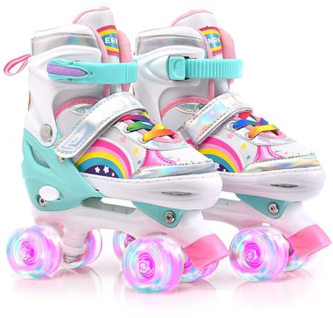 ERNAN Pattini a Rotelle regolabili. patini bambini 4 ruote luminosi per ragazze e ragazzi. Comodi pattini ideali per principianti (Pink, M)
