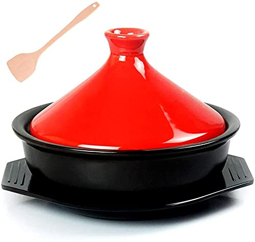 GLP Marokkanischer Tajine-Topf mit Tablett und Holzschaufel, 2,5 Quart Slow Cooker ohne Blei Kochen gesunde Lebensmittel, für verschiedene Kochstile und Temperatureinstellungen (Farbe: Rot)