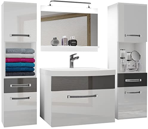 BELINI Meuble de Salle de Bain | Lavabo Inclus, Meuble sous-Vasque, Miroir et 2X Cabinet | Largeur: 140 cm | Kit d'éclairage Inclus | Couleur : Blanc très Brillant/Argent très Brillant