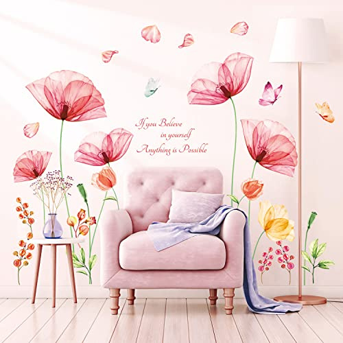 DECOWALL Pink Flower Wall Stickers Poppy Floral Butterfly Wall Decals with Inspirational Quote, Peel and Stick Wall Art for Bedroom Living Room Bathroom Kitchen Decor (SG2-2206)