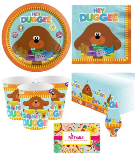 Partymax Tableware Set for 16 guests includes Hey Duggee 16 plates, 16 cups, 16 napkins and 1 tablecover