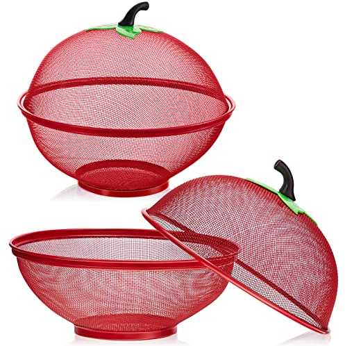 2 Pieces Apple Shaped Fruit Basket Red Metal Wire Mesh Holder Covered Fruit Bowl for Kitchen Counter Mesh Fruit Holder Fruits Storage Drain Basket Apple Basket Food Strainers for Banana Vegetables