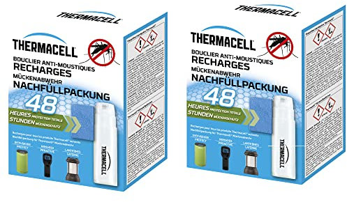 THERMACELL 2 Recharges Anti-Moustiques et Moustiques Tigres - Protection Efficace 20m²- Compatible avec Diffuseurs, Nomades et Lanternes - Durée 96h - 8 Cartouches Gaz + 24 plaquettes THRECHARG48NX2