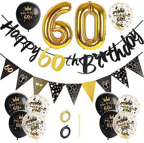GoldRock 60. Geburtstag Deko Set für Mann und Frau - Luftballons Gold Schwarz, Happy Birthday Girlande, Folienballon Zahl 60 - Geschenk