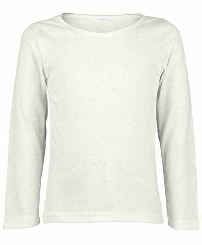 LUXFAB Kids Girls Boys New Plain Long Sleeve Basic Stretch Round Neck T-Shirt School Tee Top Size 2-13 Years White