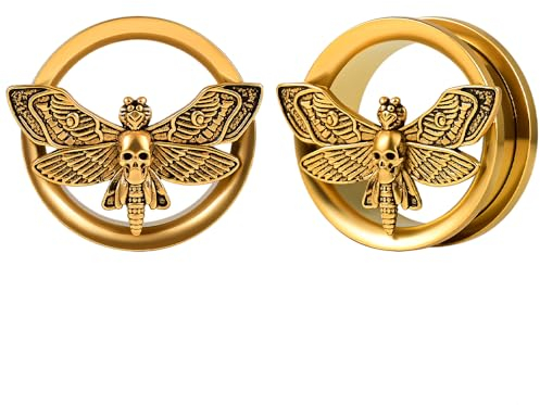 Vankula Ohr Flesh Tunnel Double Flared Plug mit Schraubverschluss Motten Edelstahl für Gestreckte Expander Ohrpiercing 8mm(0G) Gold