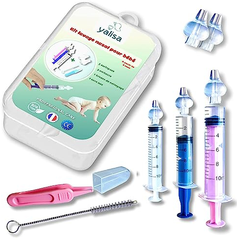 Kit complet de soin nasal - Seringue nasale bebe - mouche bebe - 3x seringues + 5x embouts en silicone + cure-nez + brosse de nettoyage - mouche bebe manuel - seringue mouche bebe - pipette nez bébé