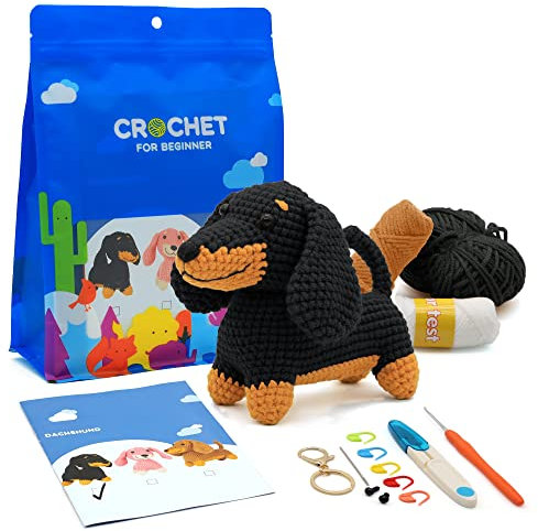 Nikolle Häkelset für Anfänger mit Schritt-für-Schritt-Video-Tutorials, Häkeltier-Set, Häkel-Starter-Sets für Erwachsene und Kinder, Dackel (schwarz)