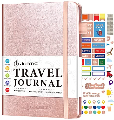 JUBTIC Travel Journal & Planner, Vacation Organizer with Budget Tracker & Checklist, A5 Size Trip Diary & Notebook for 6 Trips, Travel Gifts for Women, Men & Couples (Rose Gold)