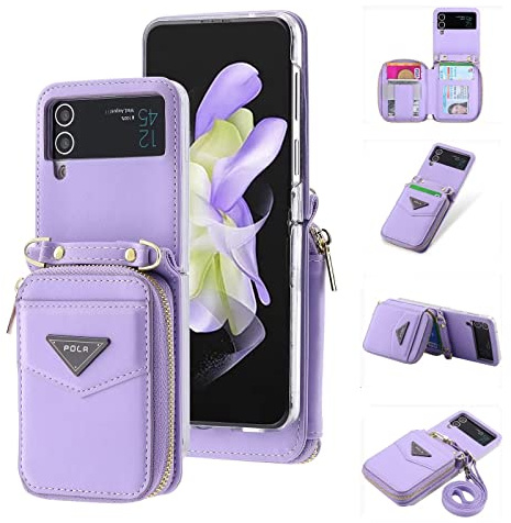 Jeelar ESONG LederHülle für Samsung Galaxy Z Flip 3 Tasche,Reißverschluss Brieftasche Schutzhülle mit Band/Kartenfäche/ständer,Z Flip 3 Wallet Cover Case Stoßfeste Handyhülle für Frau/Damen-Violett