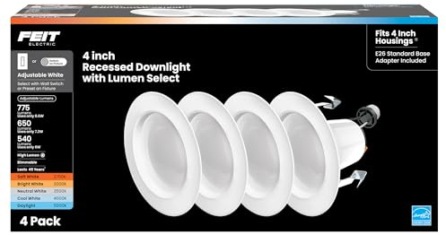 Feit Electric 4 Inch LED Recessed Downlight with Lumen Select, 75W Equivalent, Dimmable, 775 Lumens, 5CCT Selectable White 2700K–5000K, 90+ CRI, 50,000-Hour Lifetime, LEDR4HO/6WYCA/4, 4 Pack