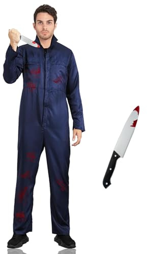 Costume Halloween Michael Myers Adulto: 2pcs costumi cosplay per film horror spaventoso di Halloween Killer per adulti e tuta da lavoro per feste a tema Halloween con coltello insanguinato (XL)