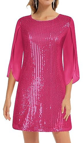 GRACE KARIN Fête Robe Femme à Manches 3/4 Chic Décontractée Coupe Ample Élégante pour Noël Soirée XXL Rose Rouge à Sequins