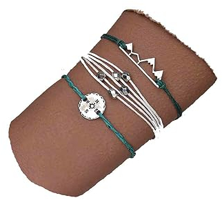 Aneneiceera Boho Geschichtetes Wachs Seil Armband Blau Wachs Armband Wasserdicht Geflochtene Schnur Armband Silber Scheibe Vintage Kompass Scheibe Hand Kette Armband Schmuck Für Frauen Und Mädchen