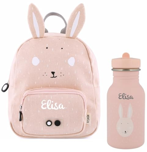 KIDSLINO Personalisierter Kinderrucksack mit Namen, Trixie Hasen-Design, Ideal für Kindergarten, Kita, Verstellbare Gurte, Kinderfreundliche Reißverschlüsse, Optional mit Trinkflasche