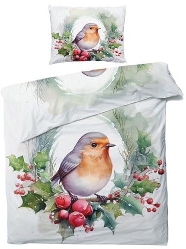 GEDAEUBA Winter Bettwäsche 155x220 Weihnachten Rotkehlchen - Vogelmotiv Bettbezug 155x220 3 teilig, Wendebettwäsche und Kissenbezug 80x80, Weiche Mikrofaser Bettwäsche-Sets mit Reißverschluss