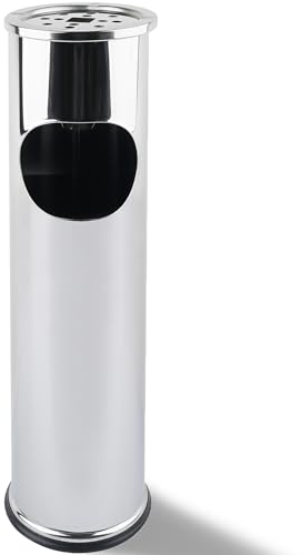 Grafner Cendrier sur pied 2 en 1 en acier inoxydable avec poubelle, 8 litres, Ø 15 x 56 cm, argenté, cendrier sur pied pour extérieur, intérieur