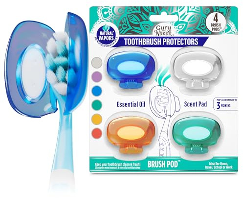 GuruNanda Lot de 4 capuchons de brosse à dents pour brosses manuelles et électriques – Protecteur de brosse à dents en plastique à clipser avec vapeurs d'huiles essentielles naturelles – Les couleurs