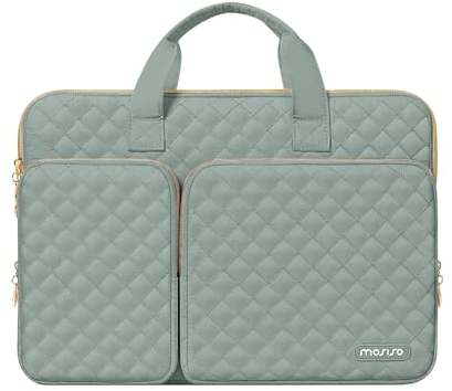 MOSISO 360 Schützende Laptop Hülle Kompatibel mit MacBook Air/Pro,13-13,3 Zoll Notebook,Pro 14 Zoll 2024-2021 M4 M3 M2 M1 Pro Max,Quadratisch Gesteppt Tasche mit 2 Taschen&Griff&Gürtel, Antikes Grün