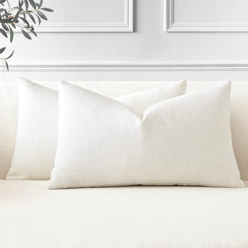 JOTOM 2er Set Leinen Kissenbezüge, Dekorative Weich Einfarbig Wurf Kissenbezug Moderne Kissenhüllen Sofakissen Dekokissen Zierkissenbezug für Wohnzimmer Schlafzimmer Deko (40x60cm, Cremeweiß)