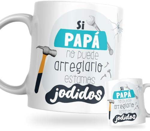 DEREGALOOS Taza de cerámica divertida para Padres. Taza de café Regalo día del Padre. Regalo Original con frase para hombre. Tazas divertidas con frase. (Si papá no puede arreglarlo...)