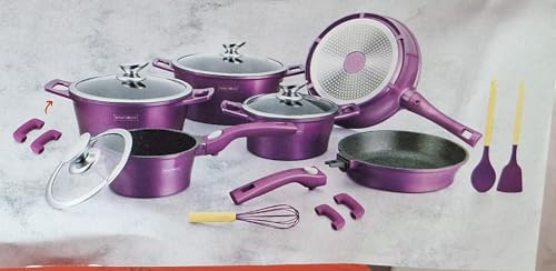 Batterie Pentole e Padelle 17 Pz in Alluminio pressofuso Antiaderente Rivestimento In Marmo ideale per Piano Induzione o Gas, Coperchi in Vetro e Utensili Inclusi Royalty RL-ES2014M(COLORE PURPLE)