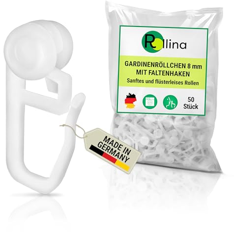 Rollina Gardinenhaken 8mm | Gardinenröllchen für Schienen mit 4-6mm Innenlauf-Breite | Gardinengleiter in Standardgröße | Vorhanghaken (50 STK.)