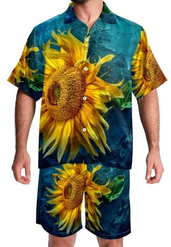 FNETJXF Set hawaiano da uomo, 2 pezzi, set di camicie da uomo, abiti da vacanza per uomo, pittura a olio girasole estate, abiti estivi da uomo, motivo 3158, L