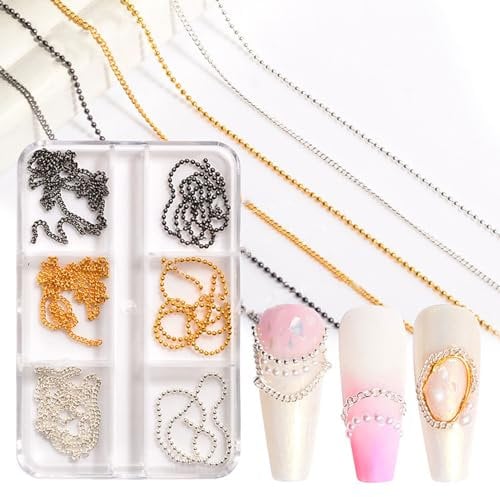 NICENEEDED 12 Strips Metal Nail Art Chains, Black Silver White Nail Jewelry Chains, Alloy Nail Chains Punk Nail Charms Nail Ornaments Nail Jewels Nail Art Studs for Manicure Decoration