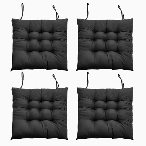 DKIEI Lot de 4 coussins de chaise avec liens - Confortables - 40 x 40 cm - Pour chaise de bureau, jardin, balcon, intérieur et extérieur - Pour salle à manger, salon, étude - Noir